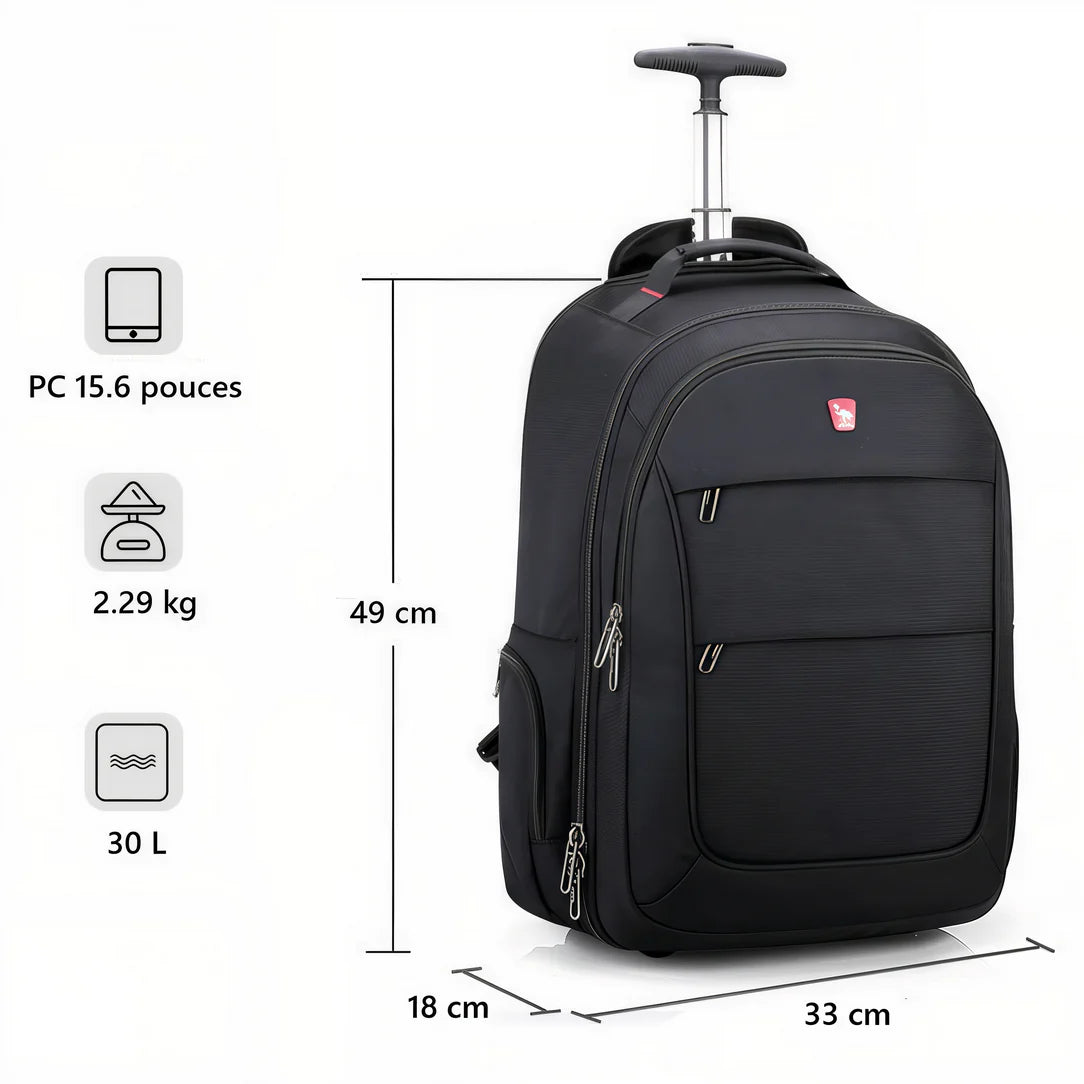 Sac à dos à roulettes noir Traxion avec dimensions visibles et design pratique