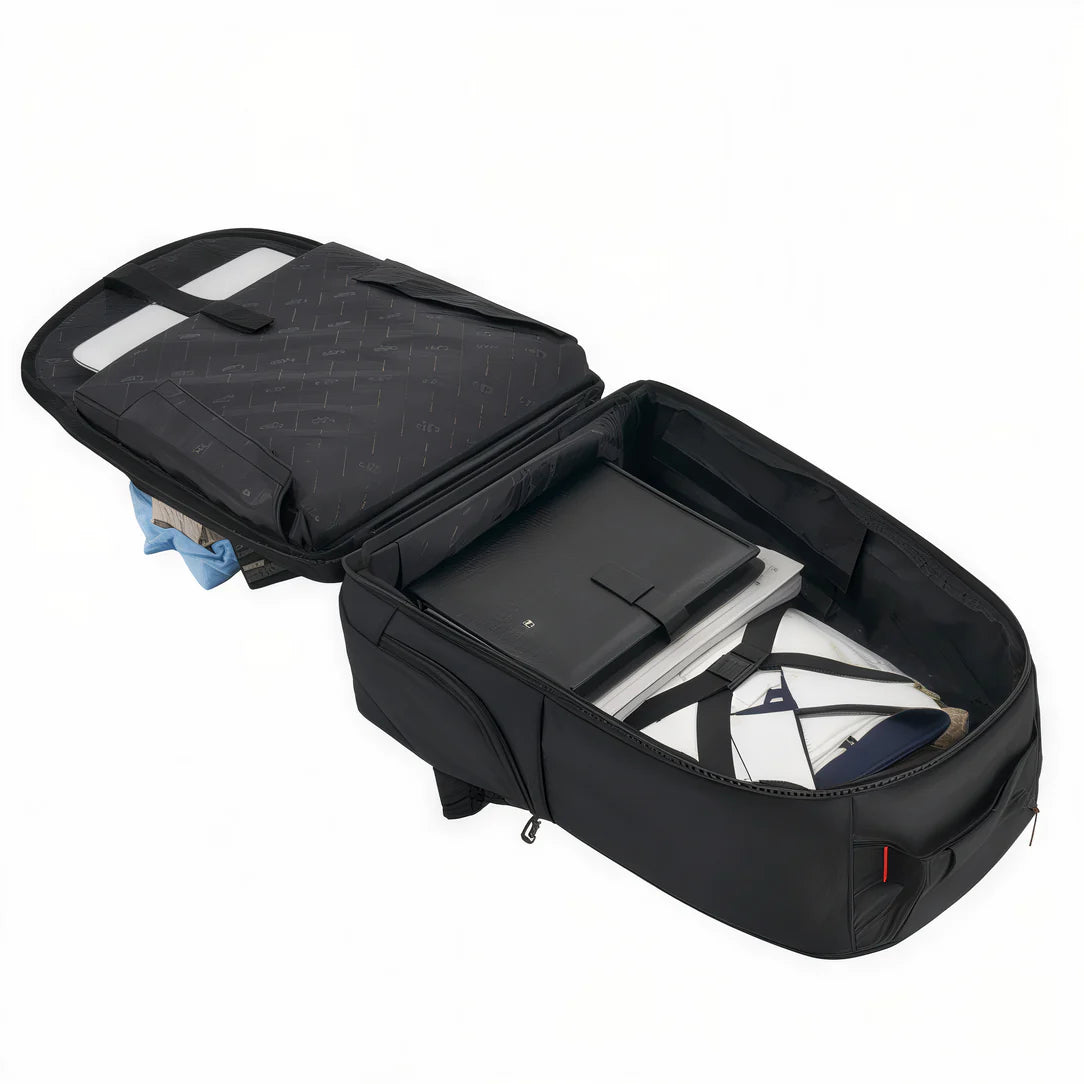 Sac à dos valise à roulettes noire ouverte, modèle Traxion pour voyageur moderne