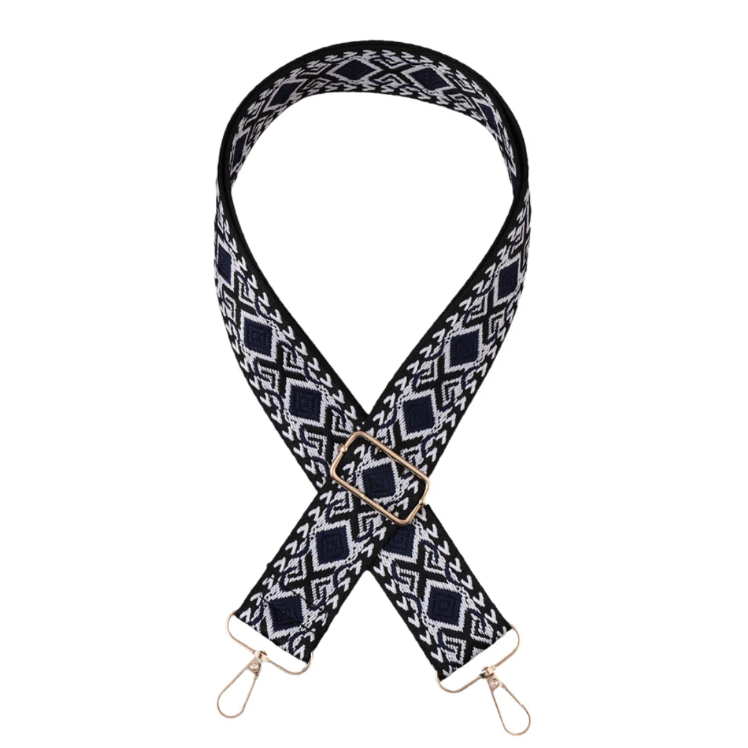 Sangle de sac à main motif losange noir et blanc avec crochets métalliques