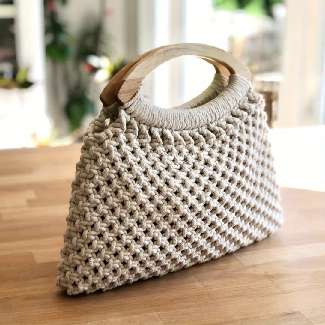 Sac en macramé fait main avec poignées en bois, modèle Anses de sac ovale en bois