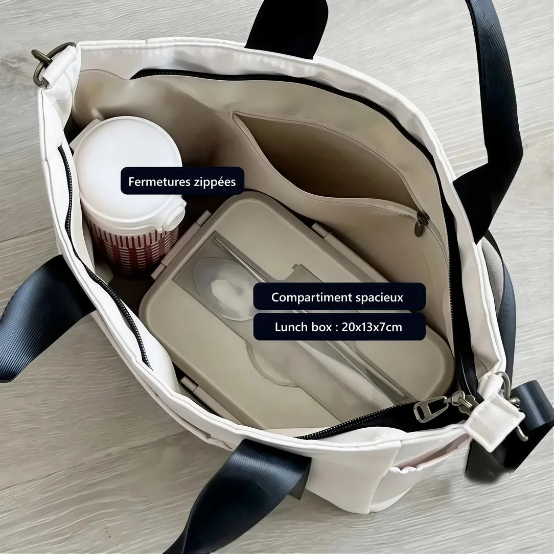 Sac fourre tout blanc avec bandoulière noire, Cabas sac femme Le Camier