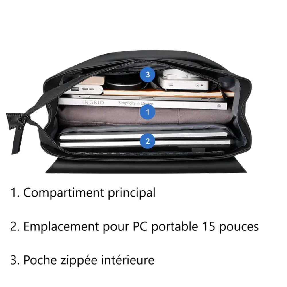 Sac messager noir ouvert.