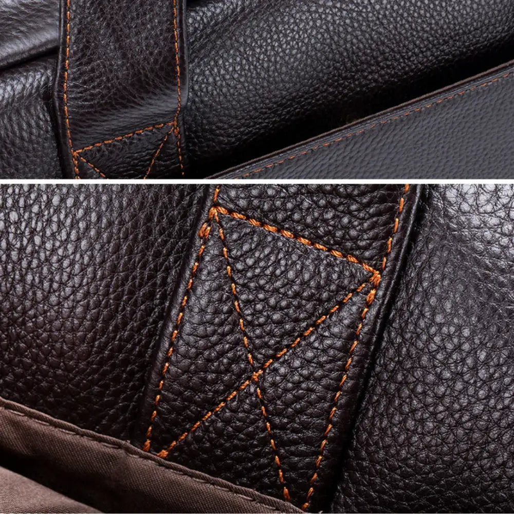 Détail d’un sac à bandoulière en cuir premium foncé brun Ovyn Grand sac à cuir