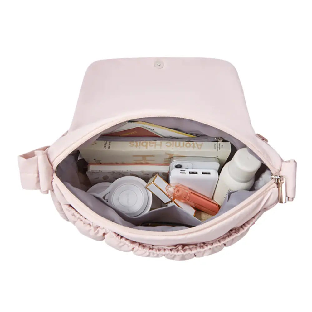 Sac à bandoulière femme rose quilté ouvert pour accessoires élégants Grand sac Volina