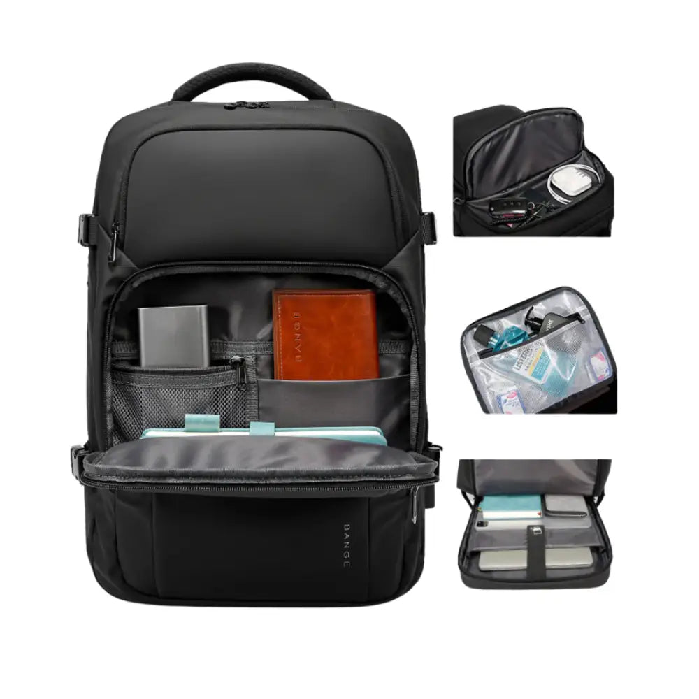 Sac à dos noir ouvert avec de multiples compartiments.