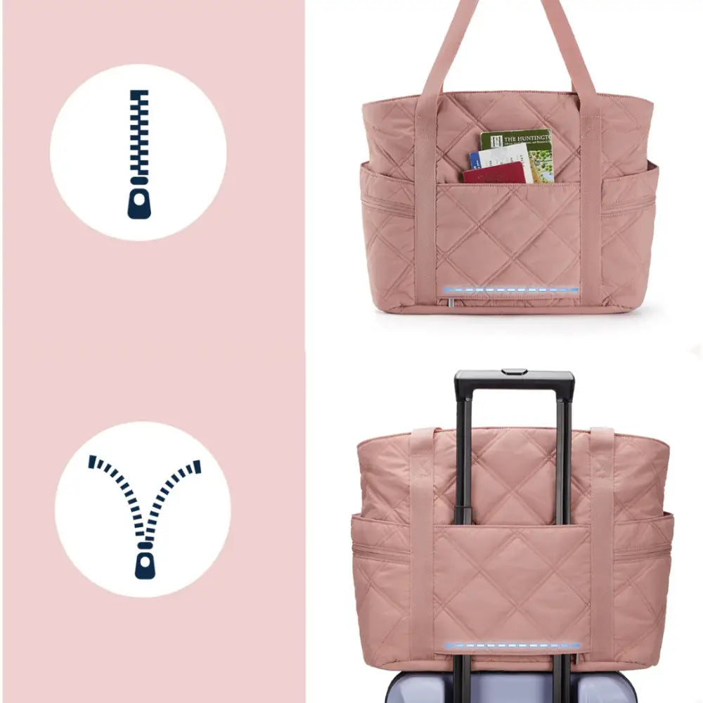 Grand sac à main cours Lecta en tissu quilté rose, parfait pour voyager en style