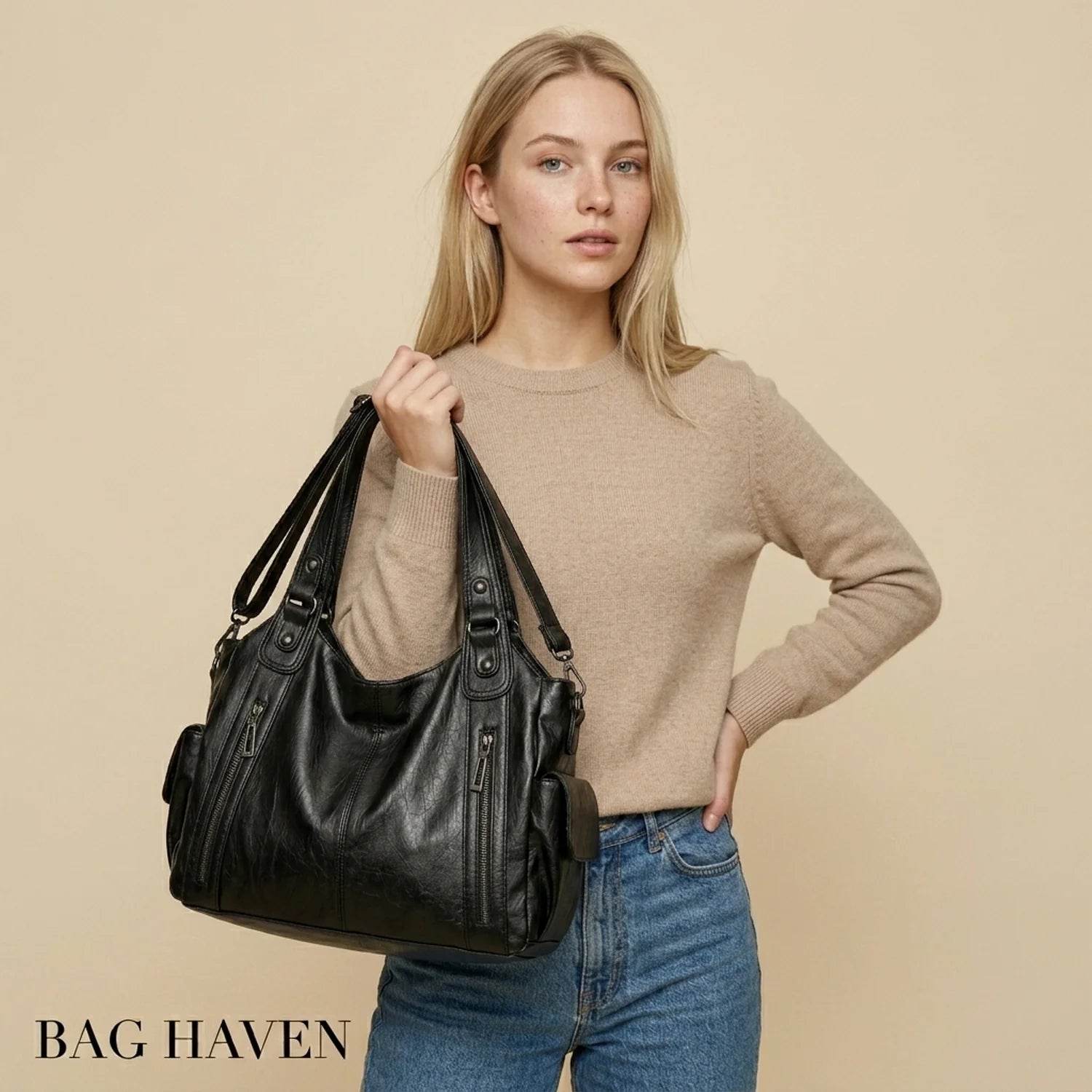 Grand sac à main en cuir noir eulalie avec multiples fermetures éclair et bandoulières ajustables sac à main rétro