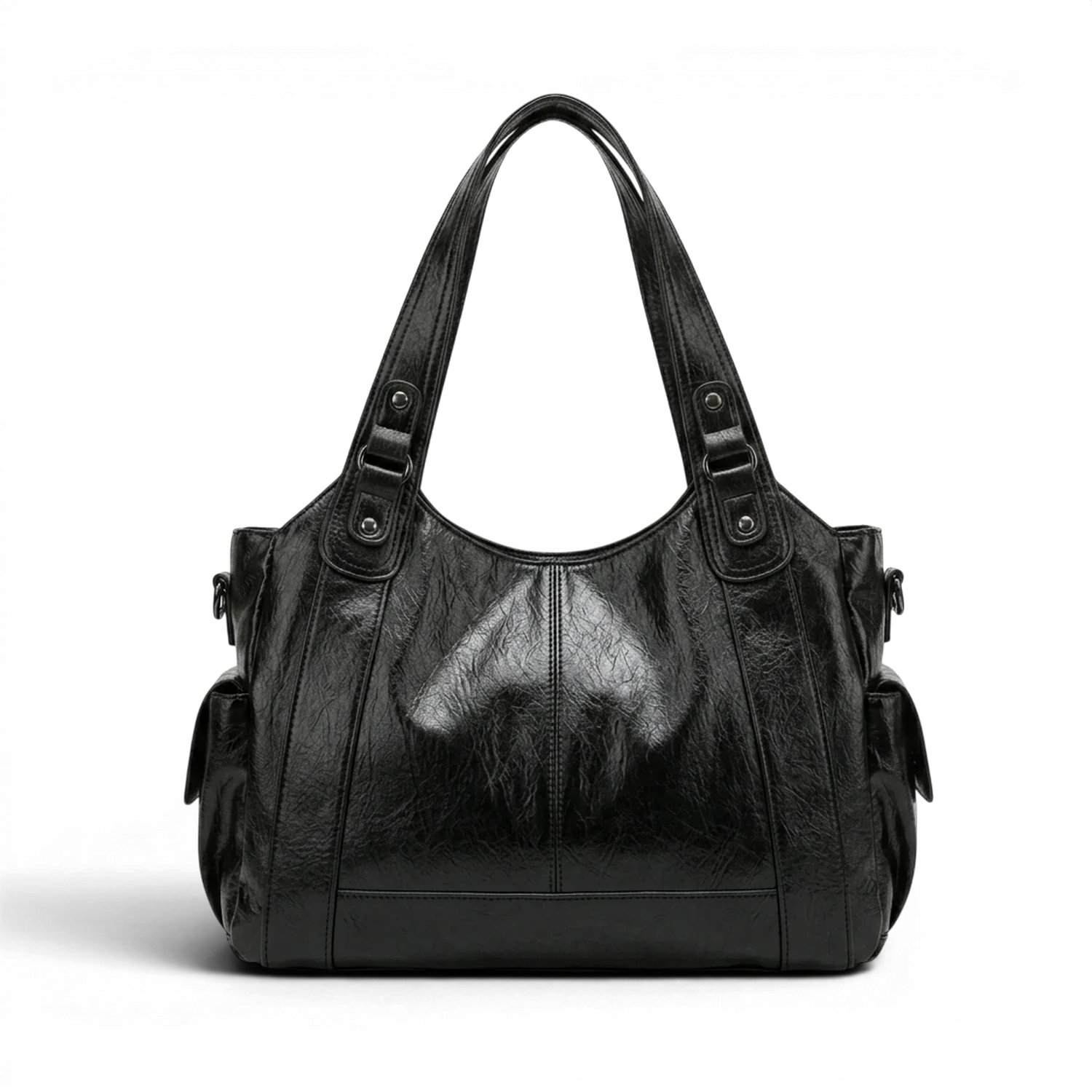 Grand sac à main de cours rétro eulalie en cuir noir brillant avec design structuré comme sac à main