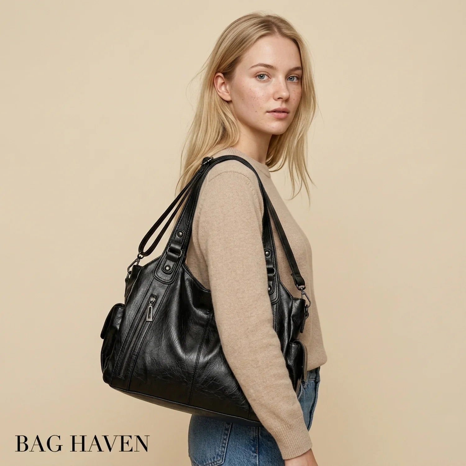 Grand sac à main de cours rétro en cuir noir avec plusieurs zips et bandoulière ajustable sac à main eulalie