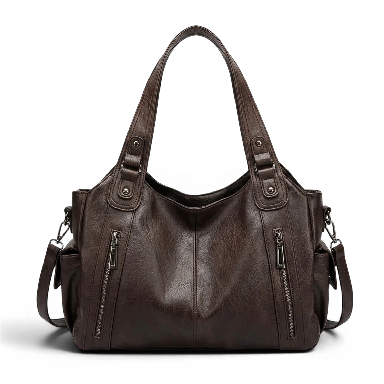 Grand sac à main de cours rétro eulalie en cuir marron avec deux poches latérales zippées et bandoulière ajustable