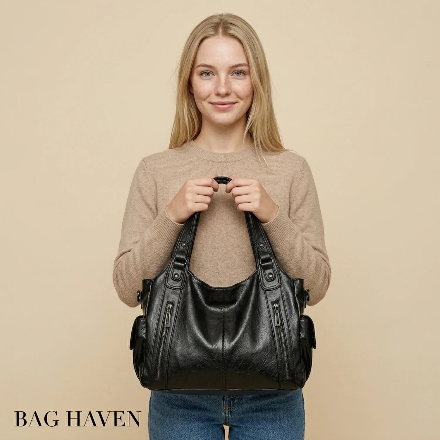 Grand sac à main de cours rétro en cuir noir avec poches zippées et bandoulières réglables eulalie