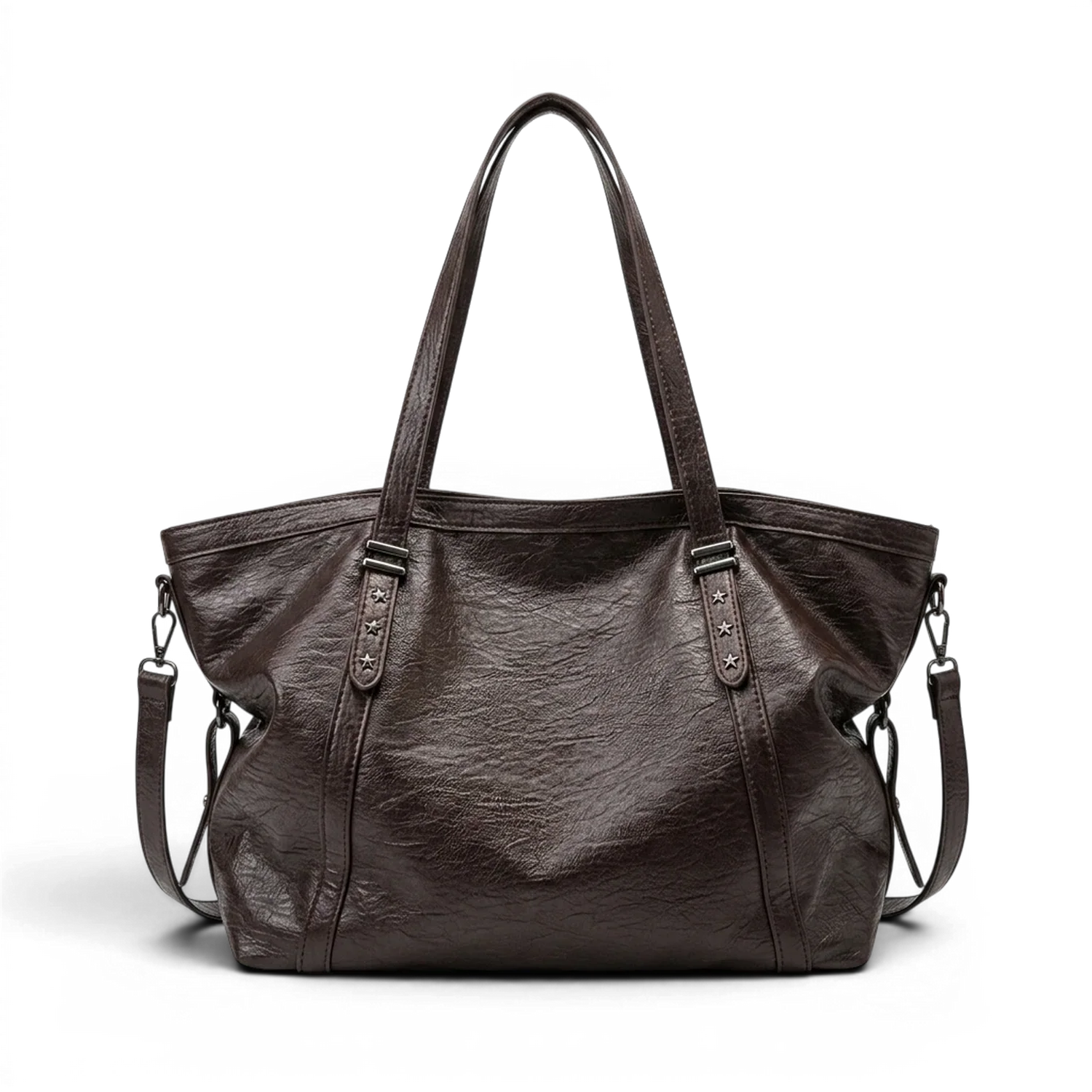 Grand sac à main de cours xxl souple en cuir brun foncé avec bandoulière à étoiles pour un usage quotidien