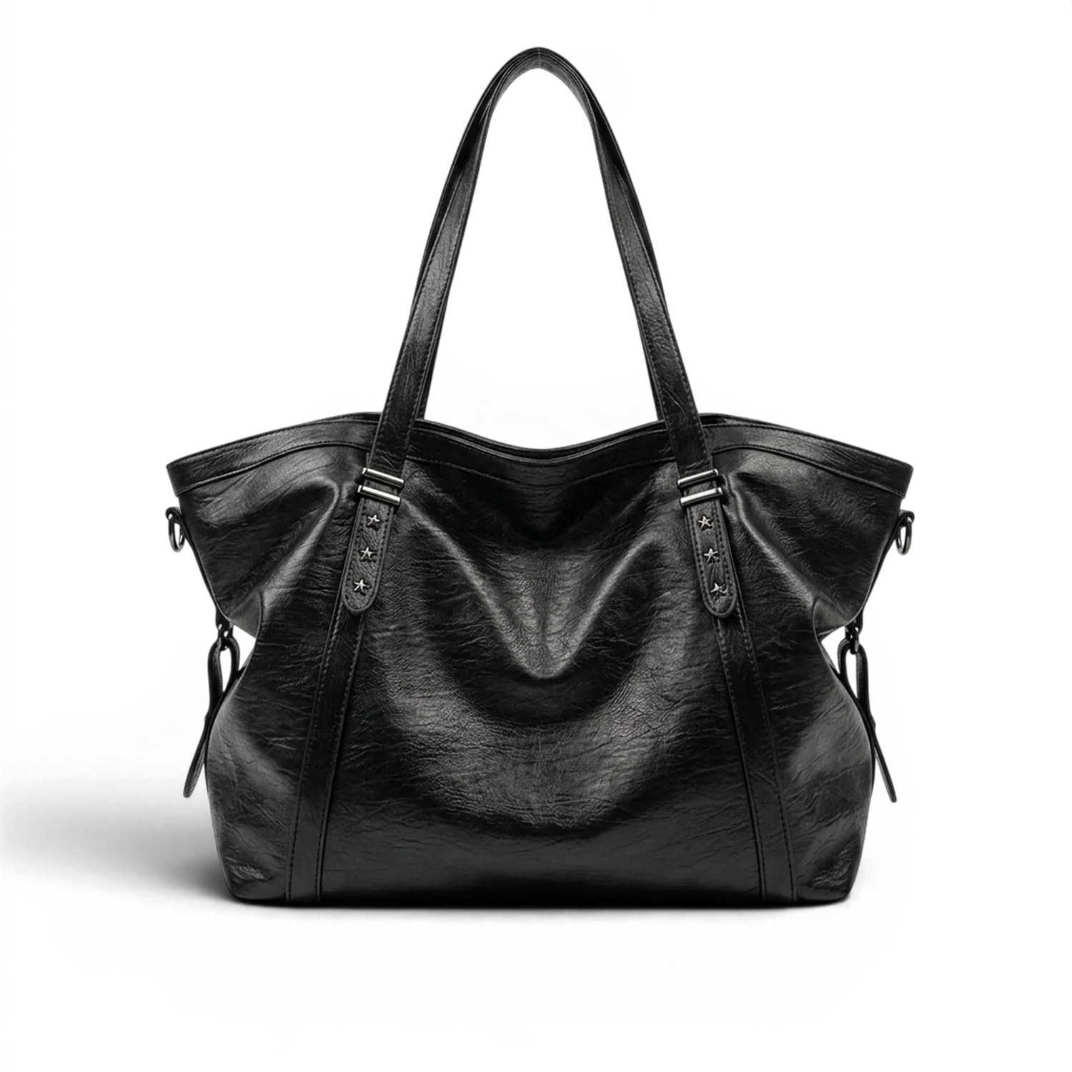 Grand sac à main de cours xxl souple en cuir noir avec bandoulière étoilée et design structuré légèrement froissé