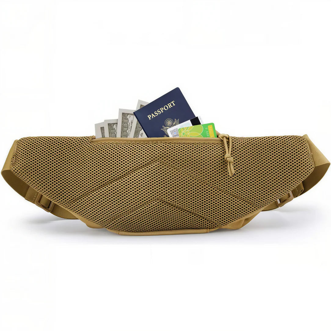 Sac banane tactical en mesh tan avec contenu, idéal pour grand sac banane bandoulière
