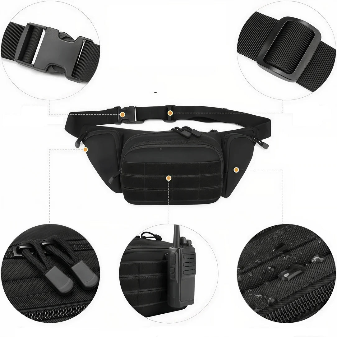 Sac banane tactical noire avec bande adjustable, idéal pour tactiques et outdoor