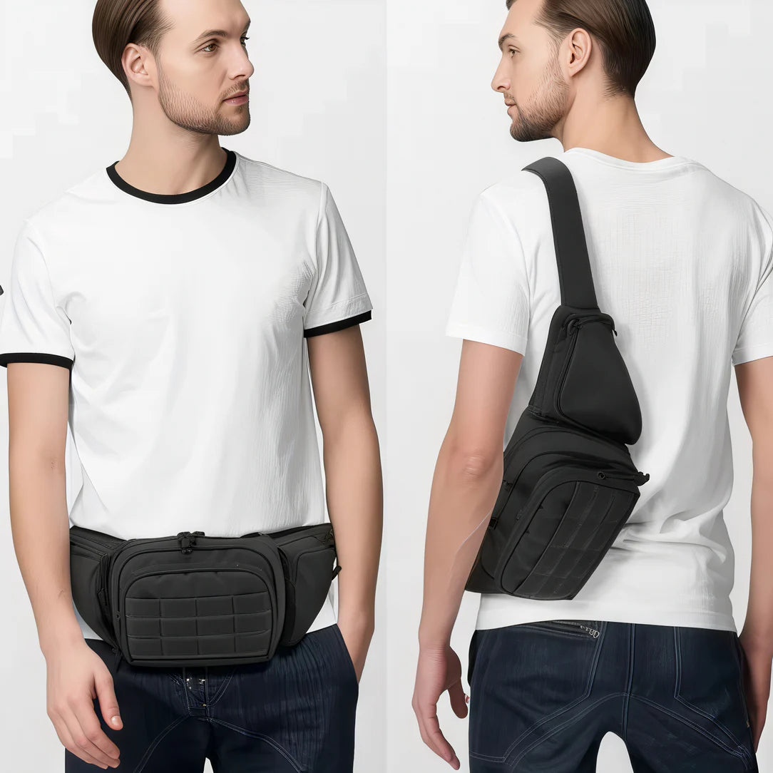 Sac banane tactical noir avec poches waist et shoulder pour un style militaire efficace