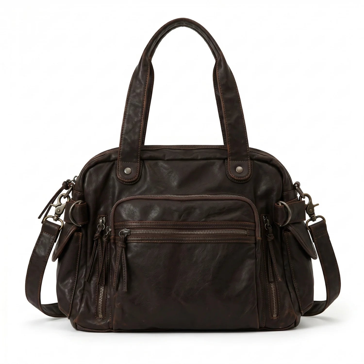 Grand sac de cours à bandoulière en cuir marron foncé avec multiples poches zippées et sangle ajustable léna