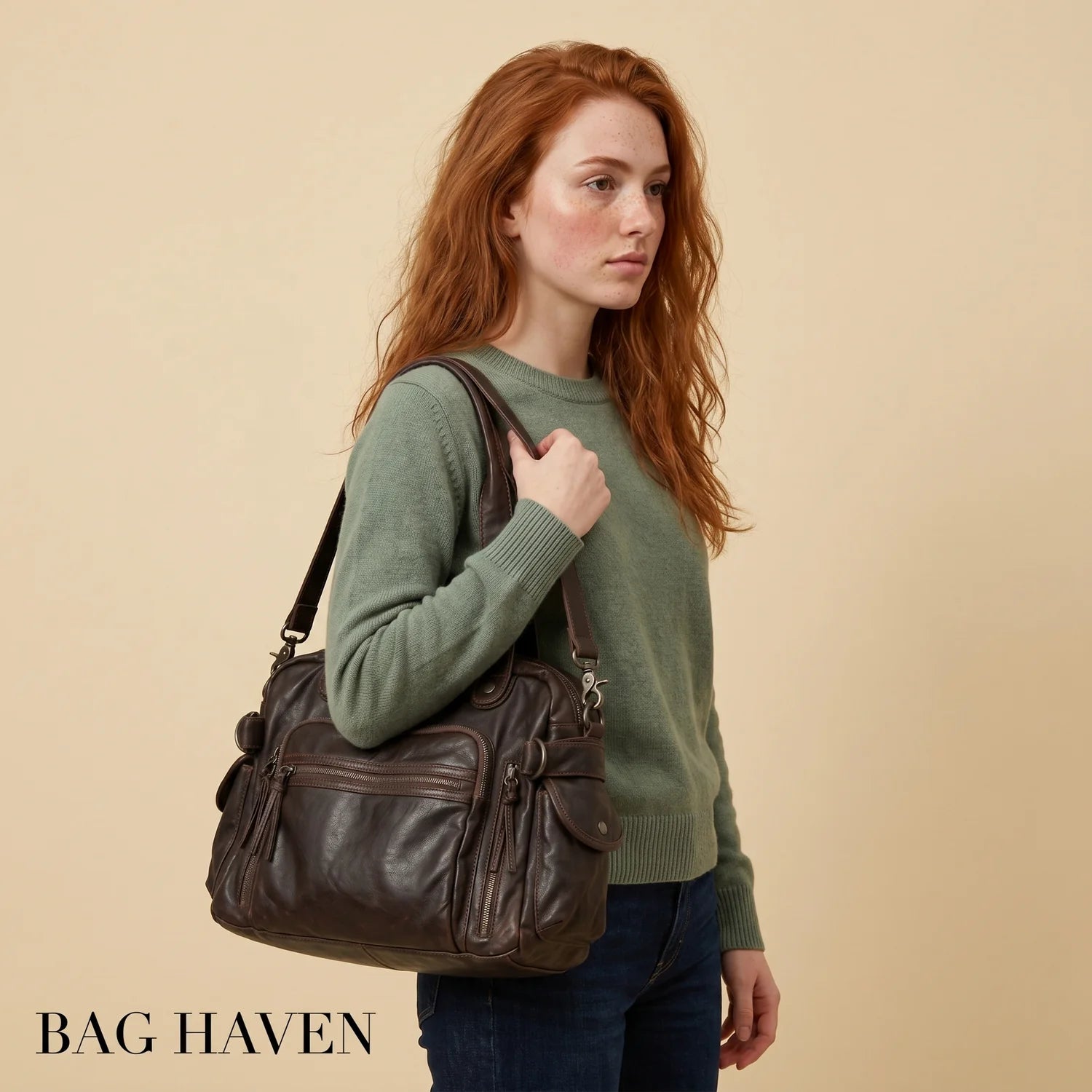 Grand sac de cours à bandoulière en cuir marron avec multiples poches et pompons léna