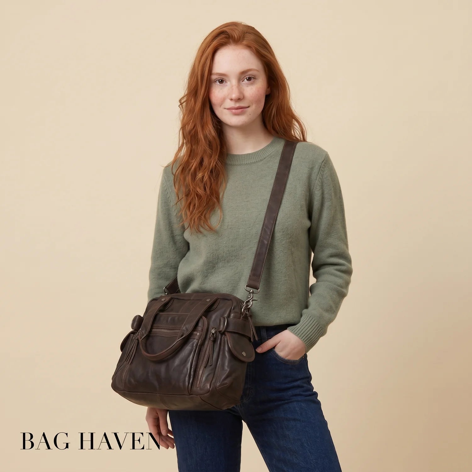 Grand sac de cours à bandoulière en cuir marron avec plusieurs poches et sangle robuste léna