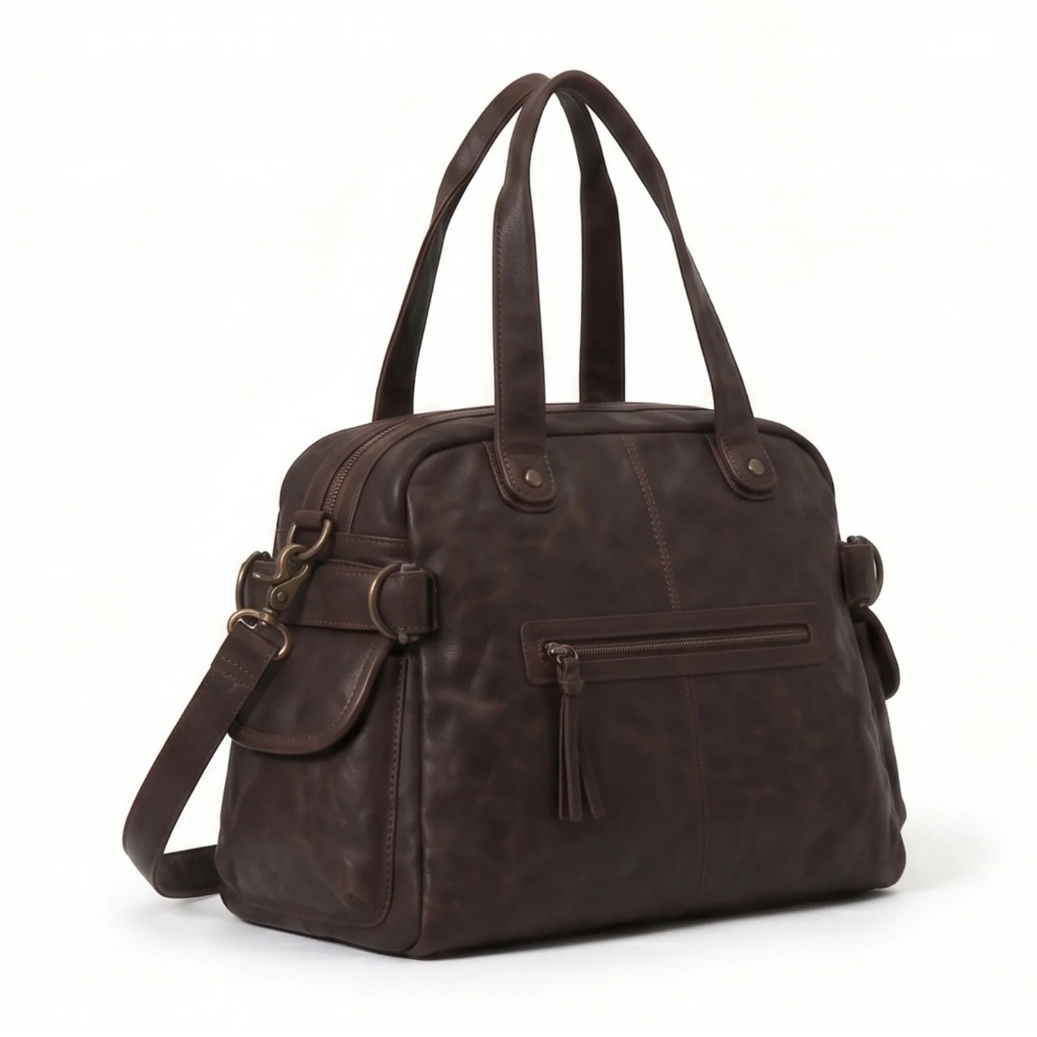 Grand sac de cours en cuir marron foncé avec poignées doubles et bandoulière amovible multipoches léna