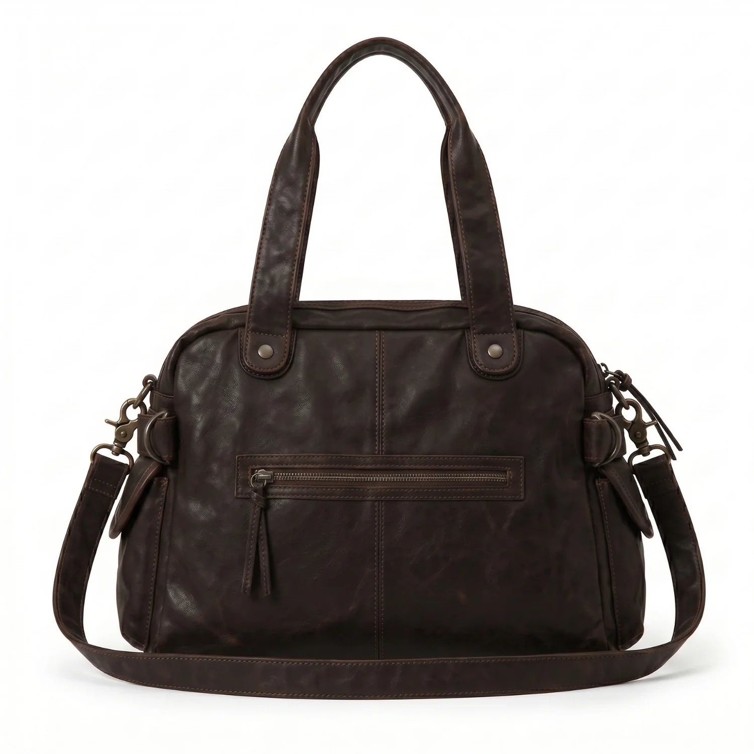 Grand sac de cours à bandoulière multipoches léna en cuir marron foncé avec poignées supérieures et bandoulière amovible