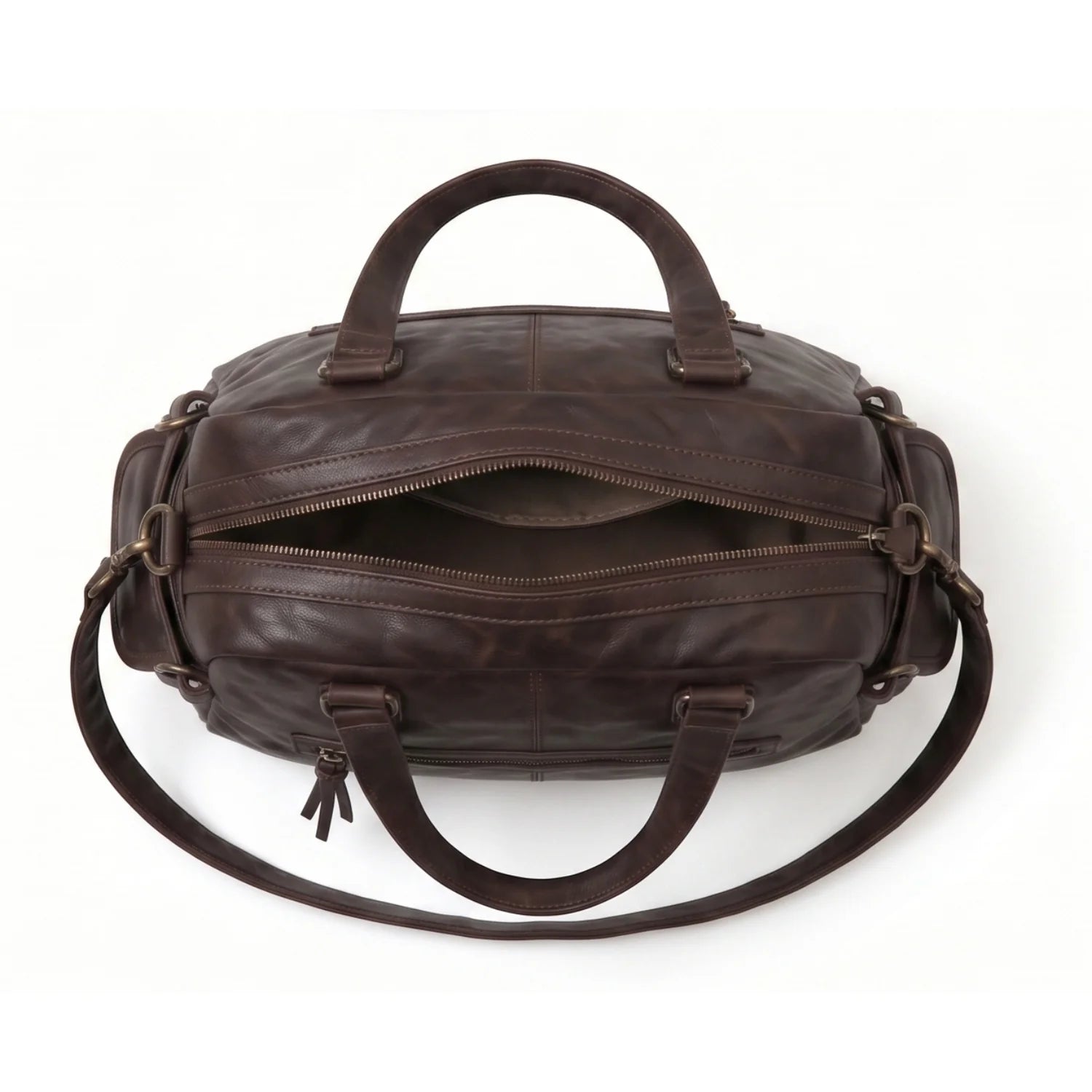Grand sac de cours léna en cuir marron avec bandoulière multiple poches et fermeture éclair