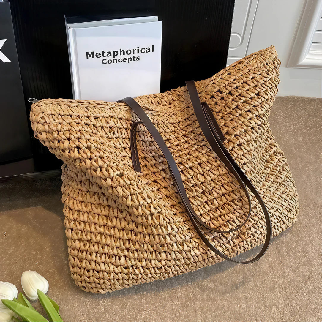 Sac de plage en paille Liora avec poignées marron, sac tissé en paille naturel