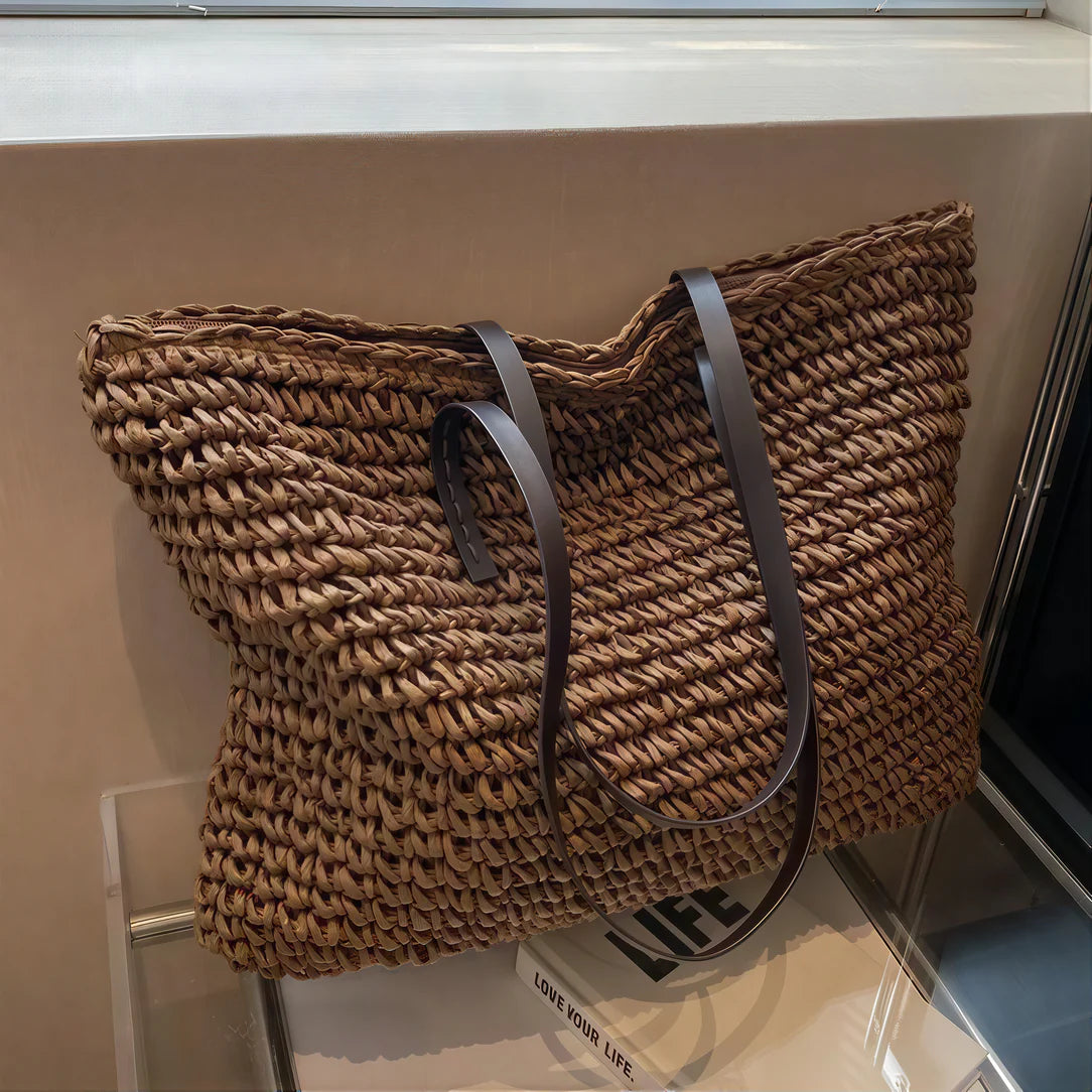Grand sac de plage en paille Liora avec poignées en cuir, sac tissé en paille
