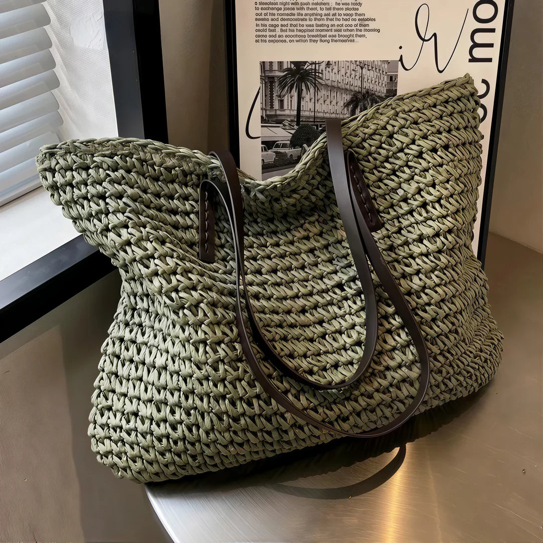 Sac de plage en paille Liora avec poignées marron, tote en paille naturel