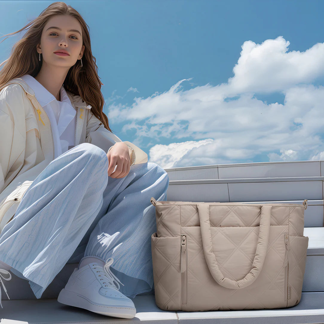 Sac en tissu beige matelassé Grand sac en tissu Miléa pour femme
