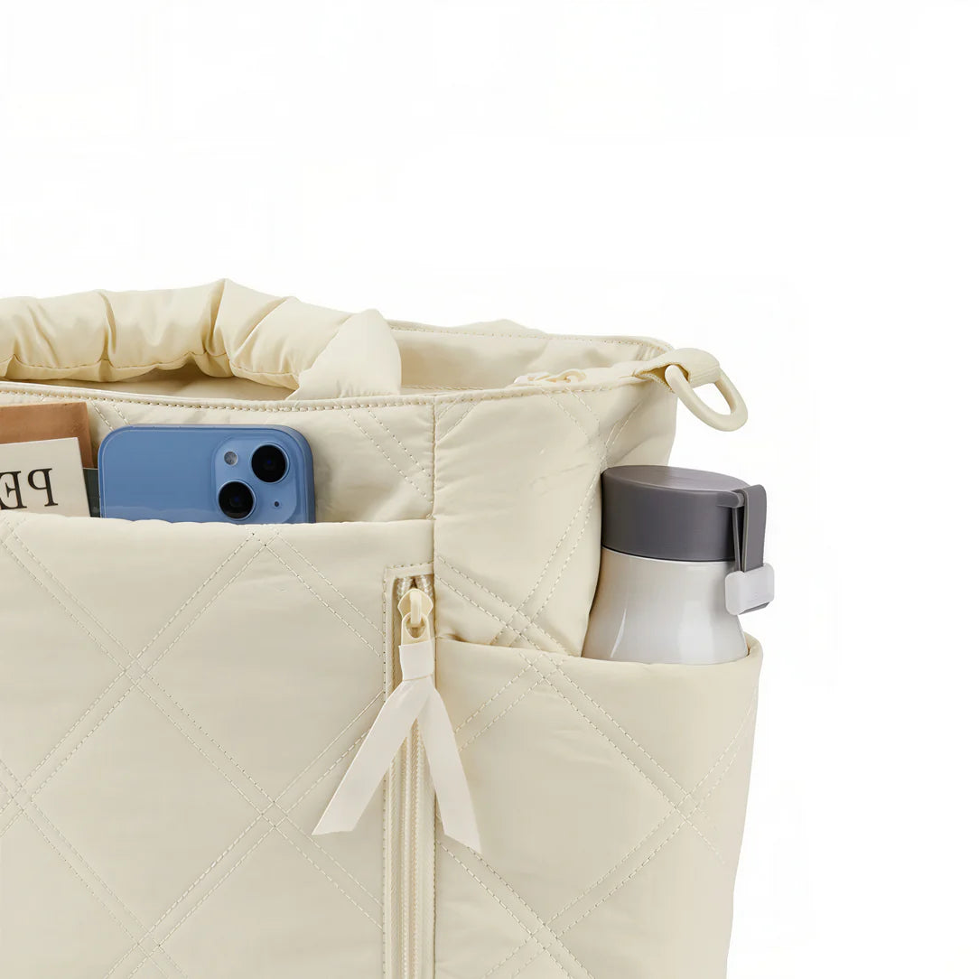 Sac en tissu beige matelassé Grand sac en tissu Miléa portable et élégant