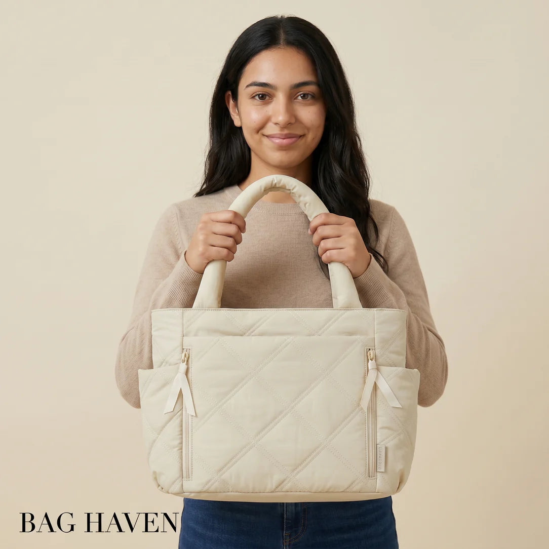 Grand sac en tissu miléa crème matelassé avec poches avant zippées et anses rembourrées