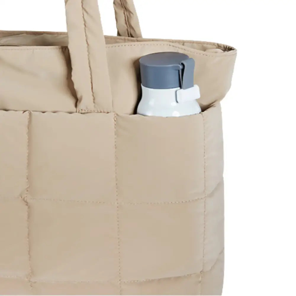 Sac fourre-tout beige matelassé avec bouteille d’eau, Grand sac fourre-tout Moka
