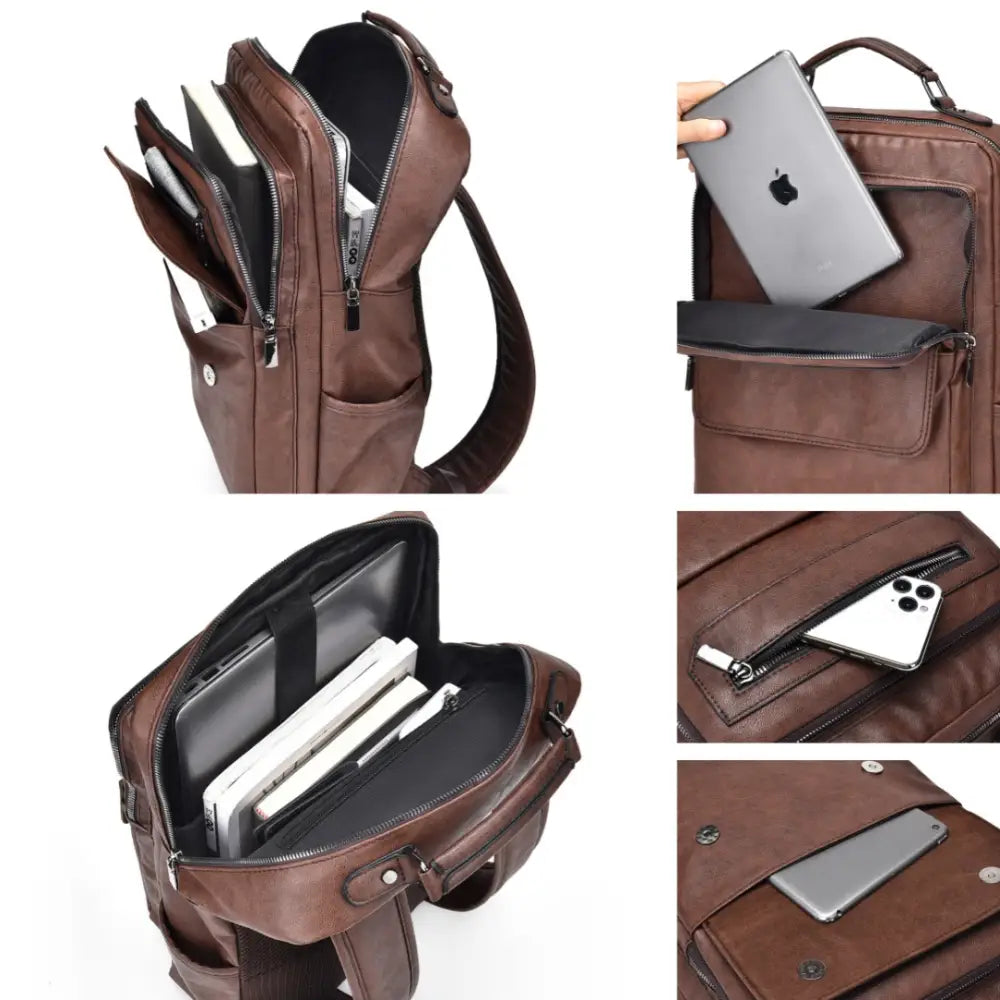 Sac à dos en cuir marron à compartiments multiples.