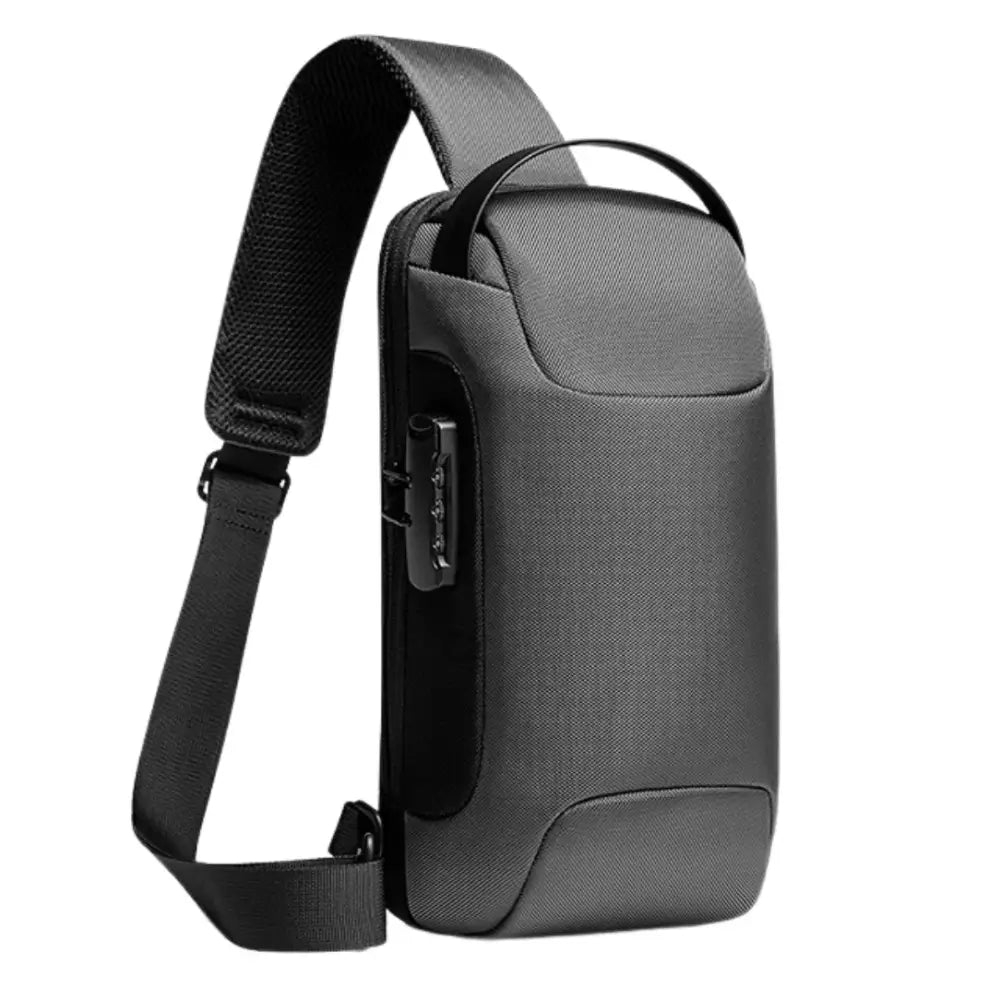Sac à dos en bandoulière gris avec serrure à combinaison.