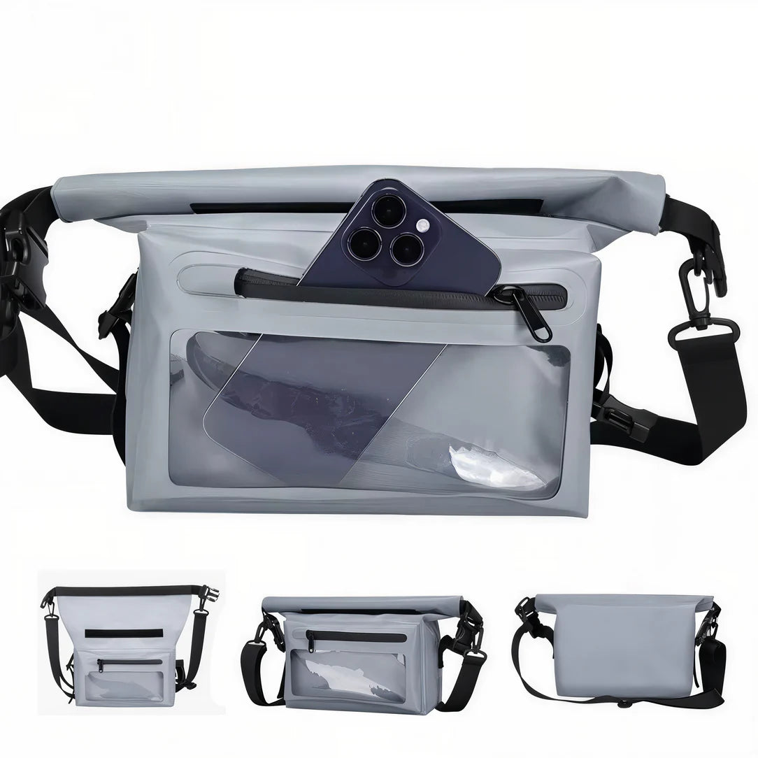 Sac à bandoulière étanche Aqua X avec fermeture roll-top et téléphone dans le gris