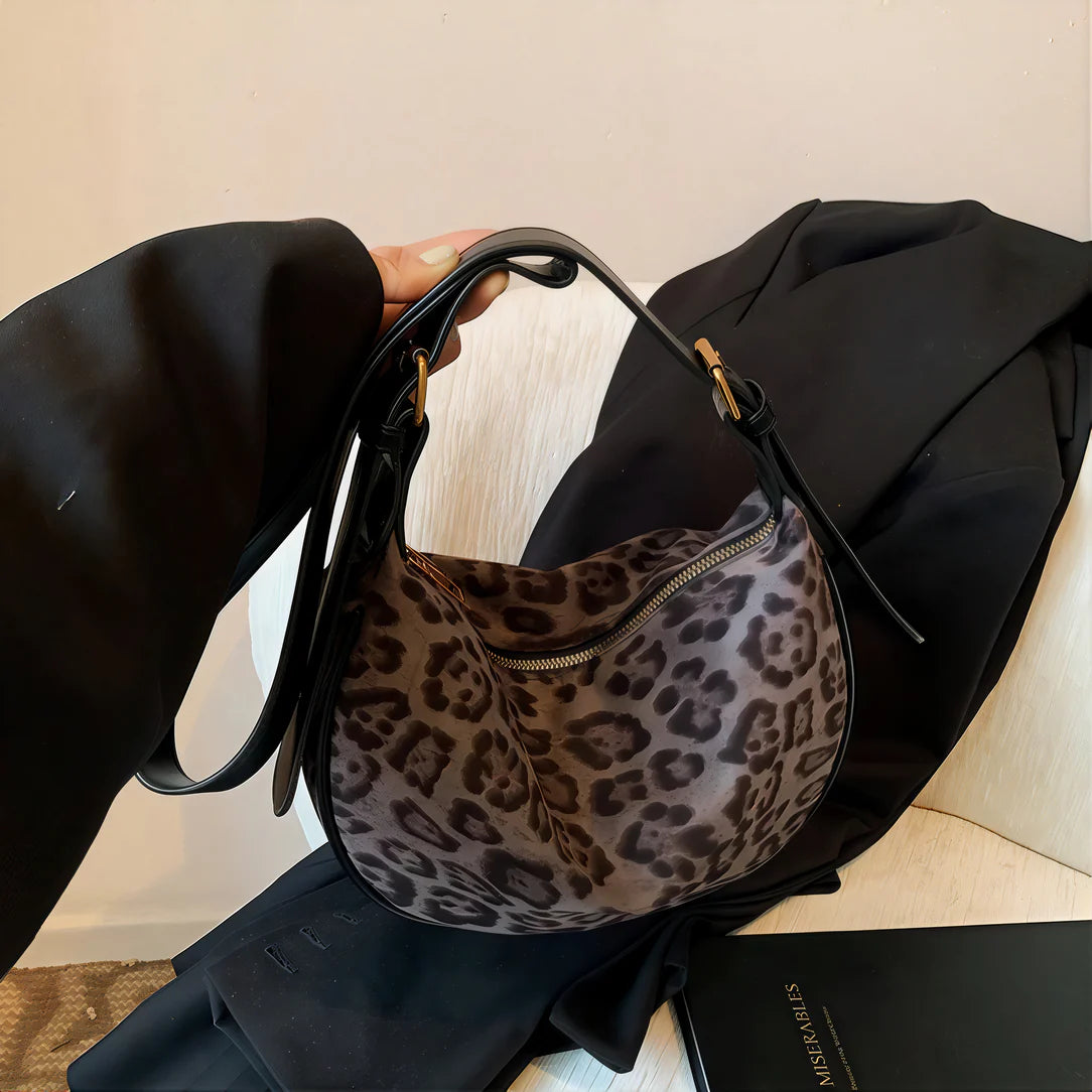 Sac à bandoulière léopard élégant avec tissu oxford et bandoulière léopard en cuir noir