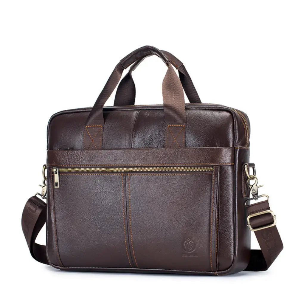 Porte-documents en cuir marron avec bandoulière.
