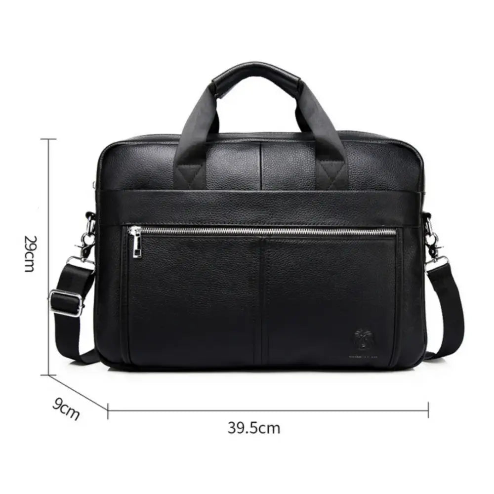 Porte-documents en cuir noir avec dimensions.