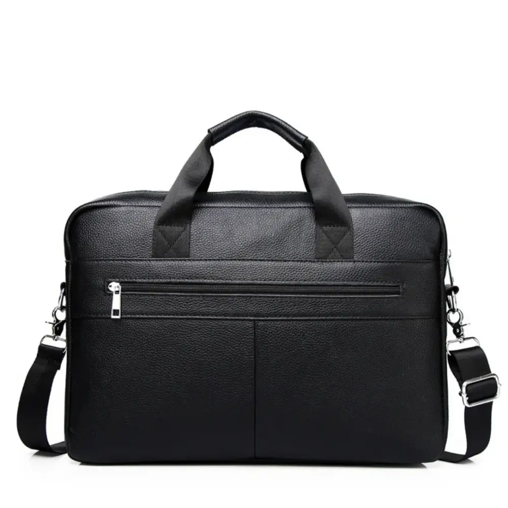 Porte-documents en cuir noir avec bandoulière.