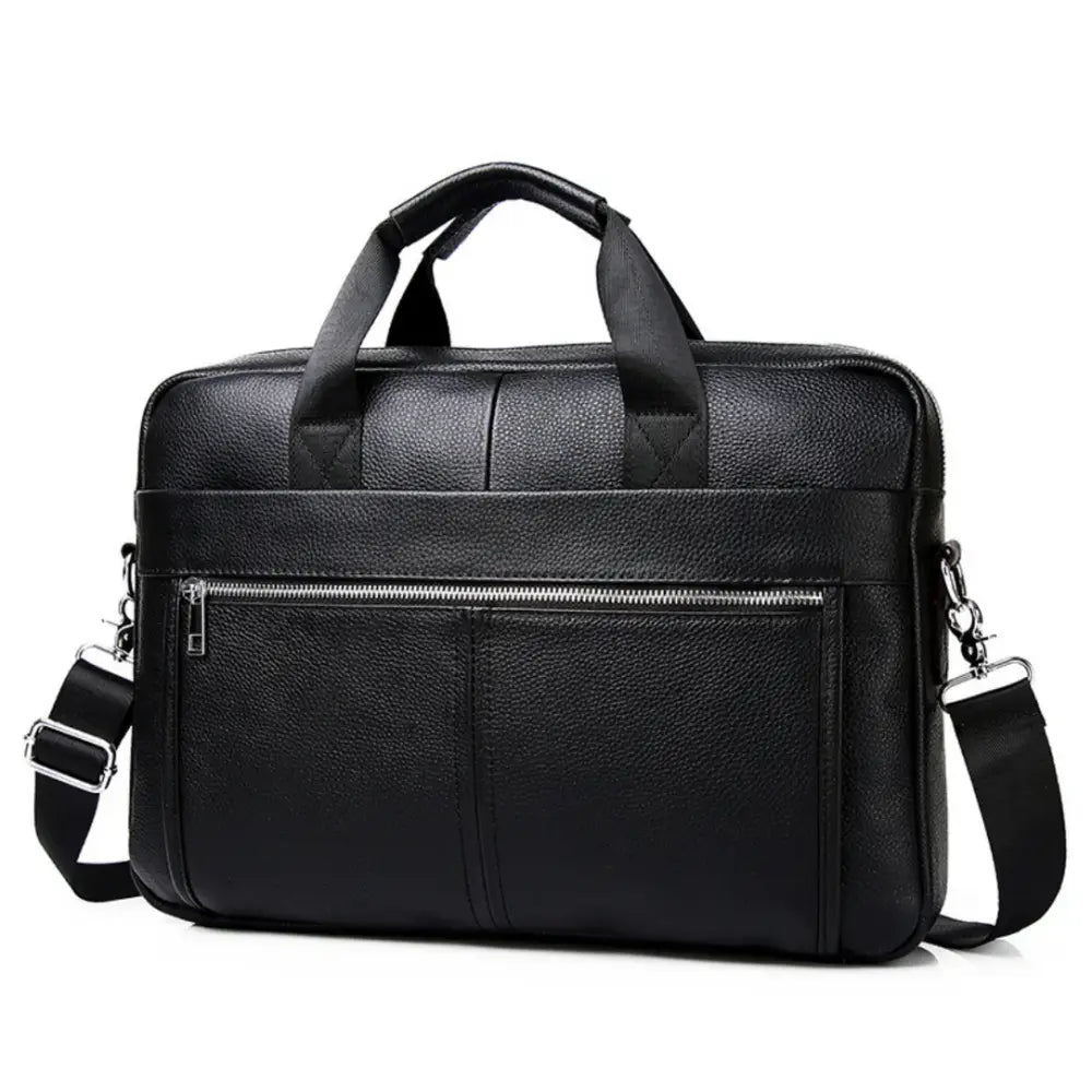 Porte-documents en cuir noir avec bandoulière.