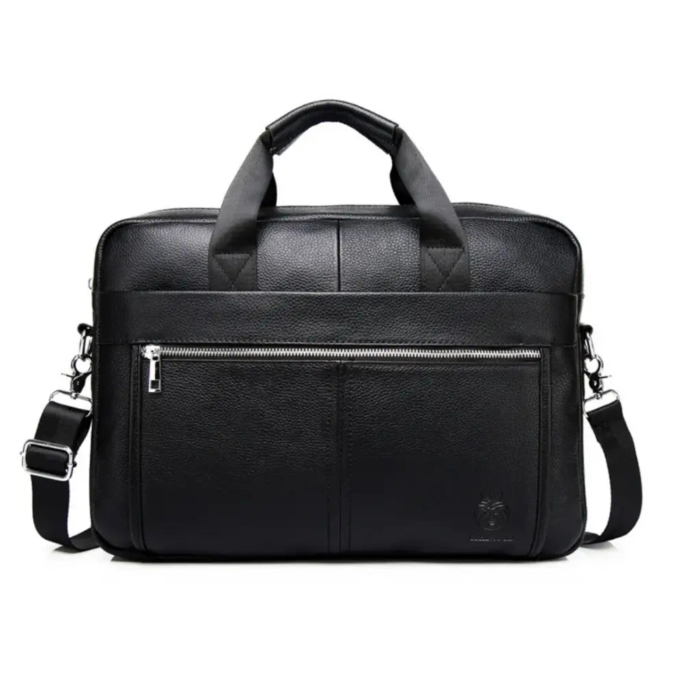 Porte-documents en cuir noir avec bandoulière.