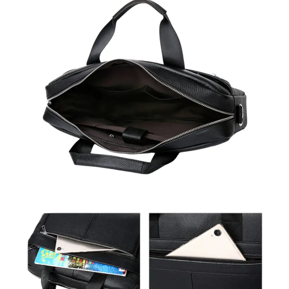 Porte-documents ouvert en cuir noir.