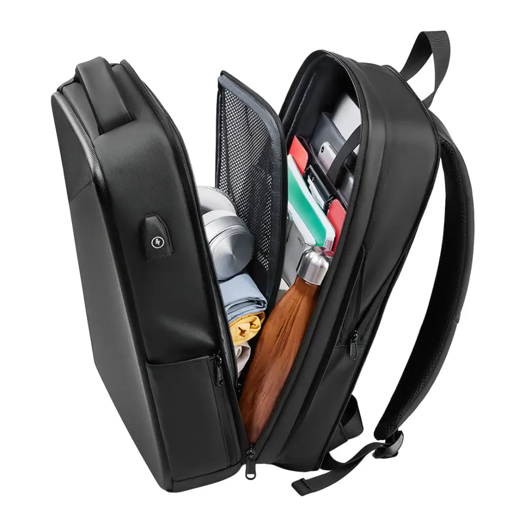 Sac à dos antivol USB Guard I ouvert avec contenus et port USB intégré