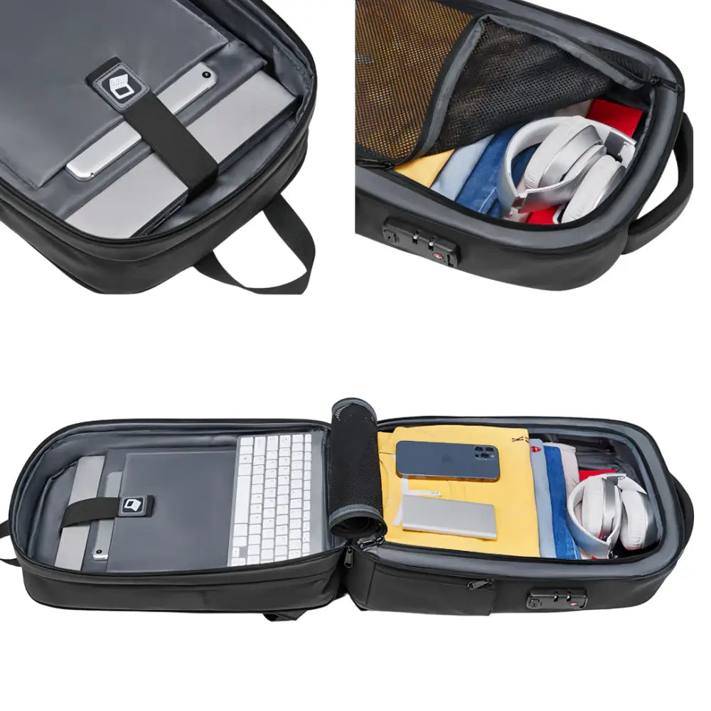 Sac à dos antivol USB avec compartiment pour port USB et poche noire ouverte