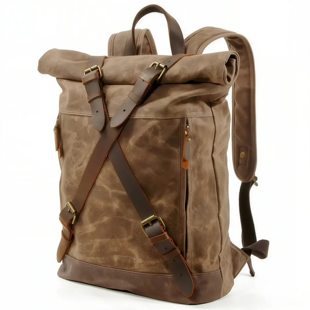 Sac à dos baroudeur Nomad en toile marron avec rouleau supérieur