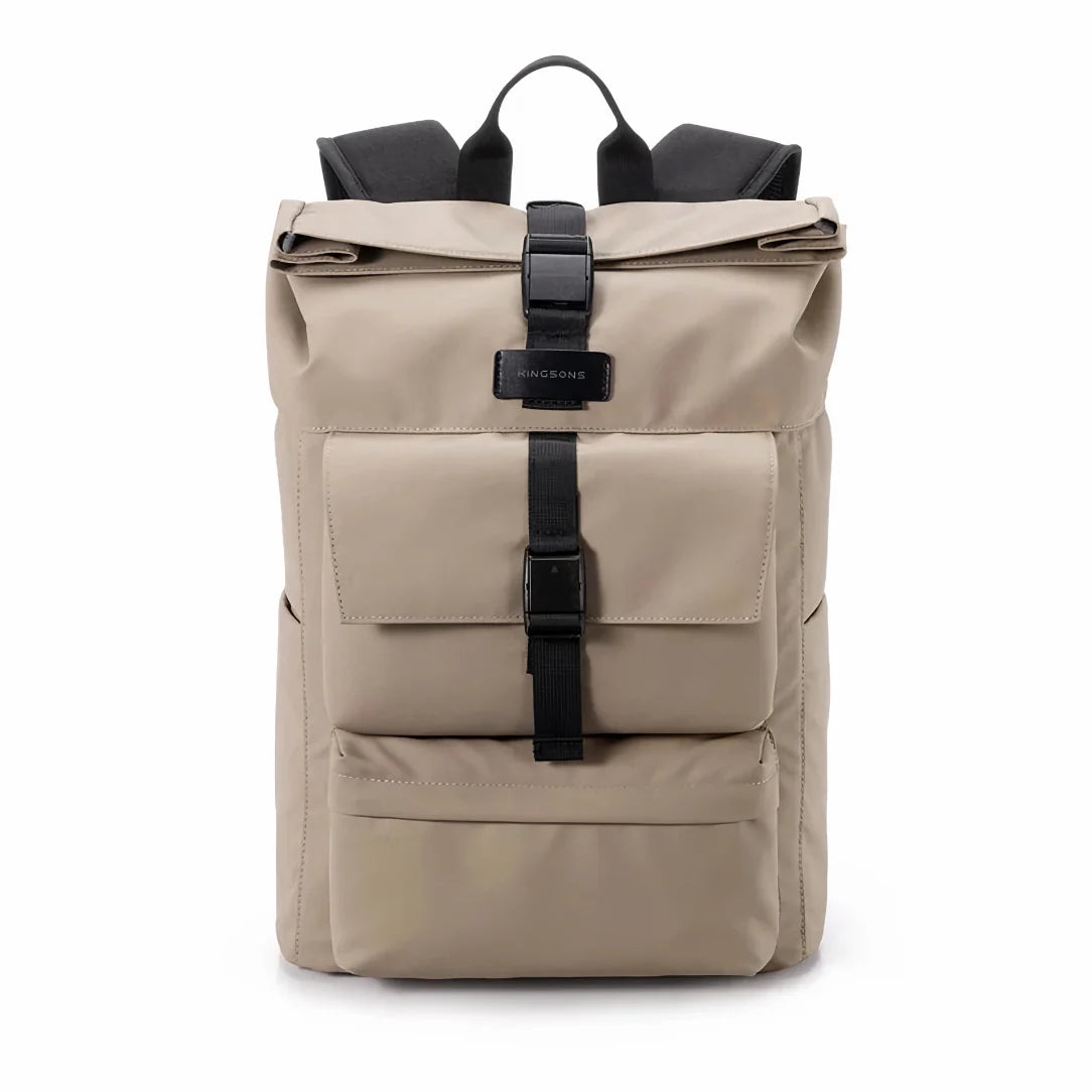 Sac à dos beige avec bretelles noires.