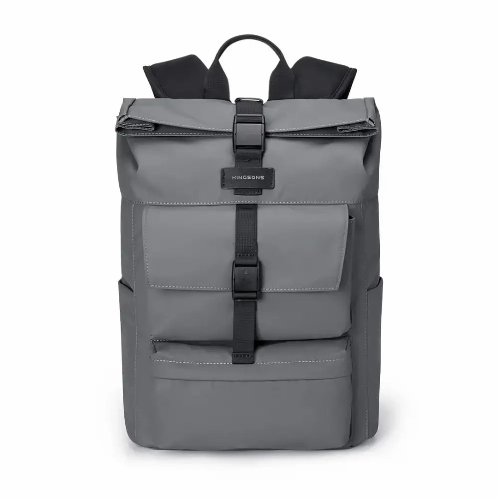 Sac à dos gris à roulettes.