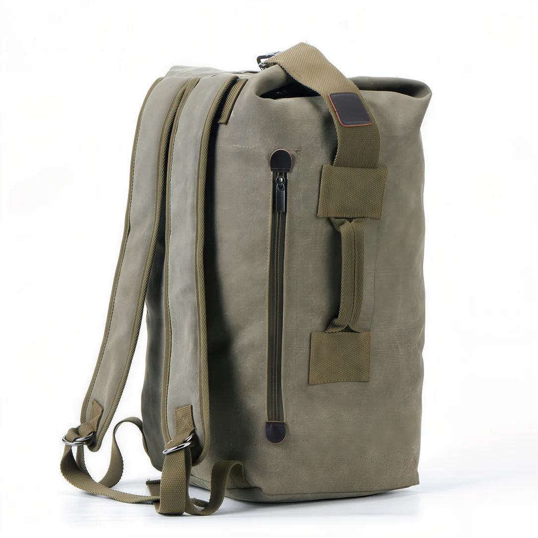 Sac à dos de voyage vintage en toile olive verte, style rétro affirmé
