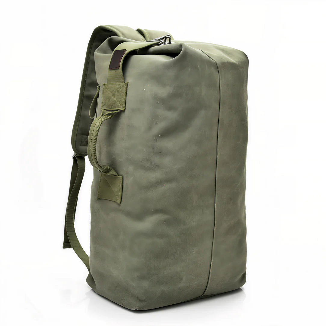 Sac à dos de voyage vintage en toile olive vert, style rétro affirmé